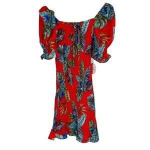 Milk & Honey Smocked Body Short Dress Size S Red‎ Floral Puff Short Sleeve NWT